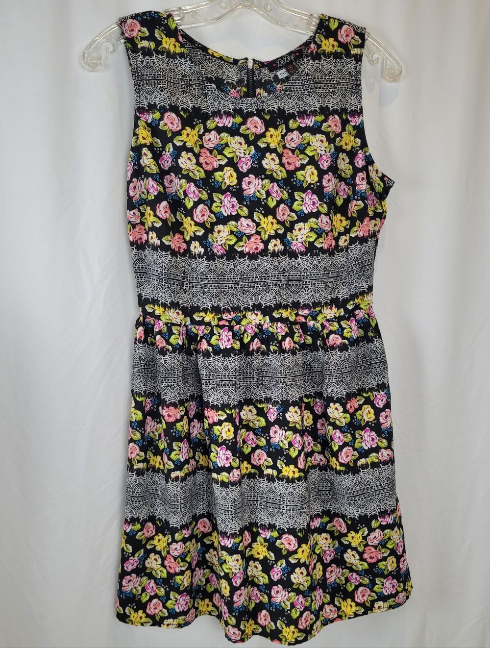 BeBop Black Floral Lace-Stripe Mini Dress Pink Yellow Flowers Skater Medium M